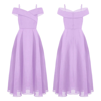 Girls Chiffon Off-the-Shoulder Adjustable A-Line Dress (Age 4-16 YRS) Lavender