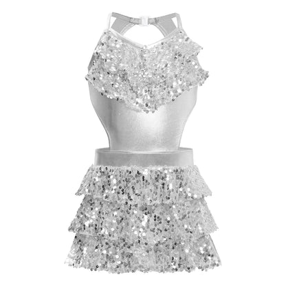 Girls Sequin Dance Sleeveless Cutout Tiered Ruffle Metallic Leotard Dress (Age 6-16 YRS)