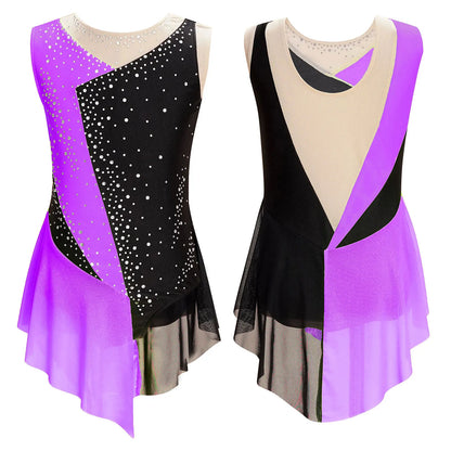 Rhinestone Gymnastics Figure Skating Dress for Teen Girls Sleeveless Sheer Mesh Tutu Ballet Leotard Lyrical Performance Costume Purple