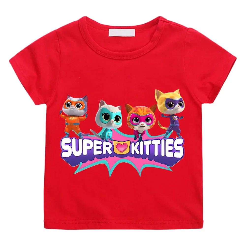 SuperKitties Cartoon Printed Summer Top – 100% Pure Cotton T-Shirt | Short Sleeves | Ages 2–12 Red