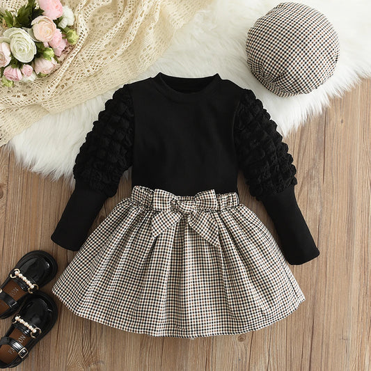 Girls' Top & Bow Plaid Skirt & Hat Set (Age 3-7YRS)
