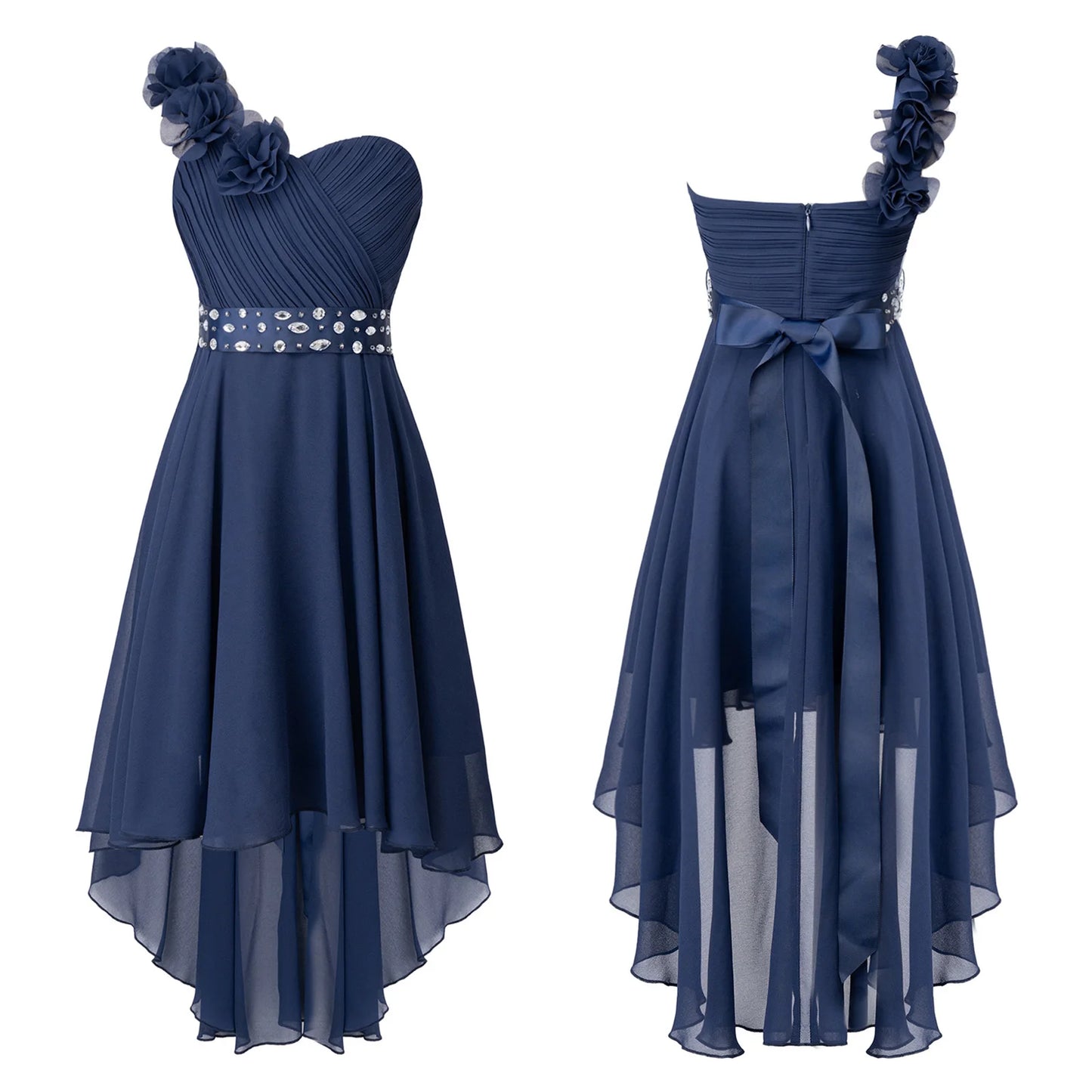 Girls One Shoulder Asymmetrical Hem Dress (Age 6-16 YRS) Navy Blue