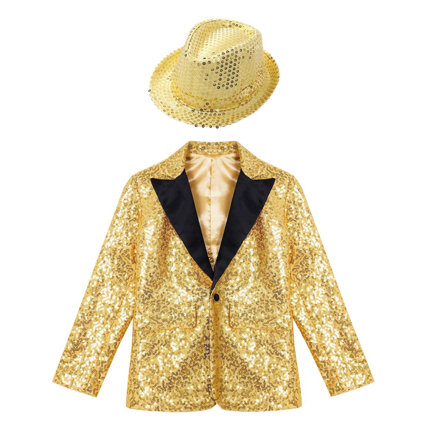 Boys Sequin Dance Tuxedo Jacket Suit & Fedora Hat (Age 6-16 YRS)