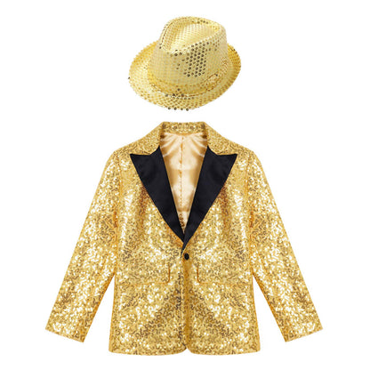 Boys Sequin Dance Tuxedo Jacket Suit & Fedora Hat (Age 6-16 YRS)