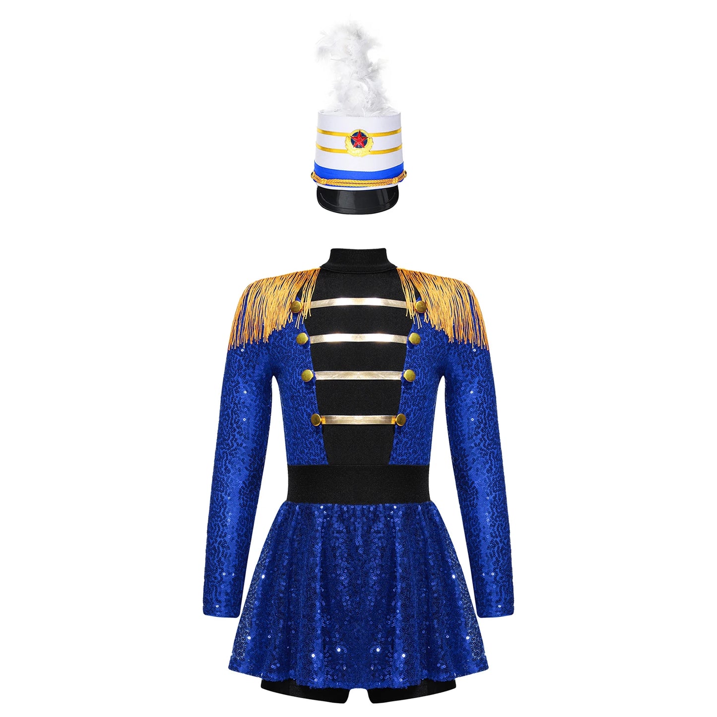 Girls Halloween Circus Ringmaster Costume Long Sleeve Sequin Leotard Dress (Age 6-14YRS) Blue C