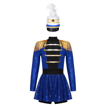 Girls Halloween Circus Ringmaster Costume Long Sleeve Sequin Leotard Dress (Age 6-14YRS) Blue C