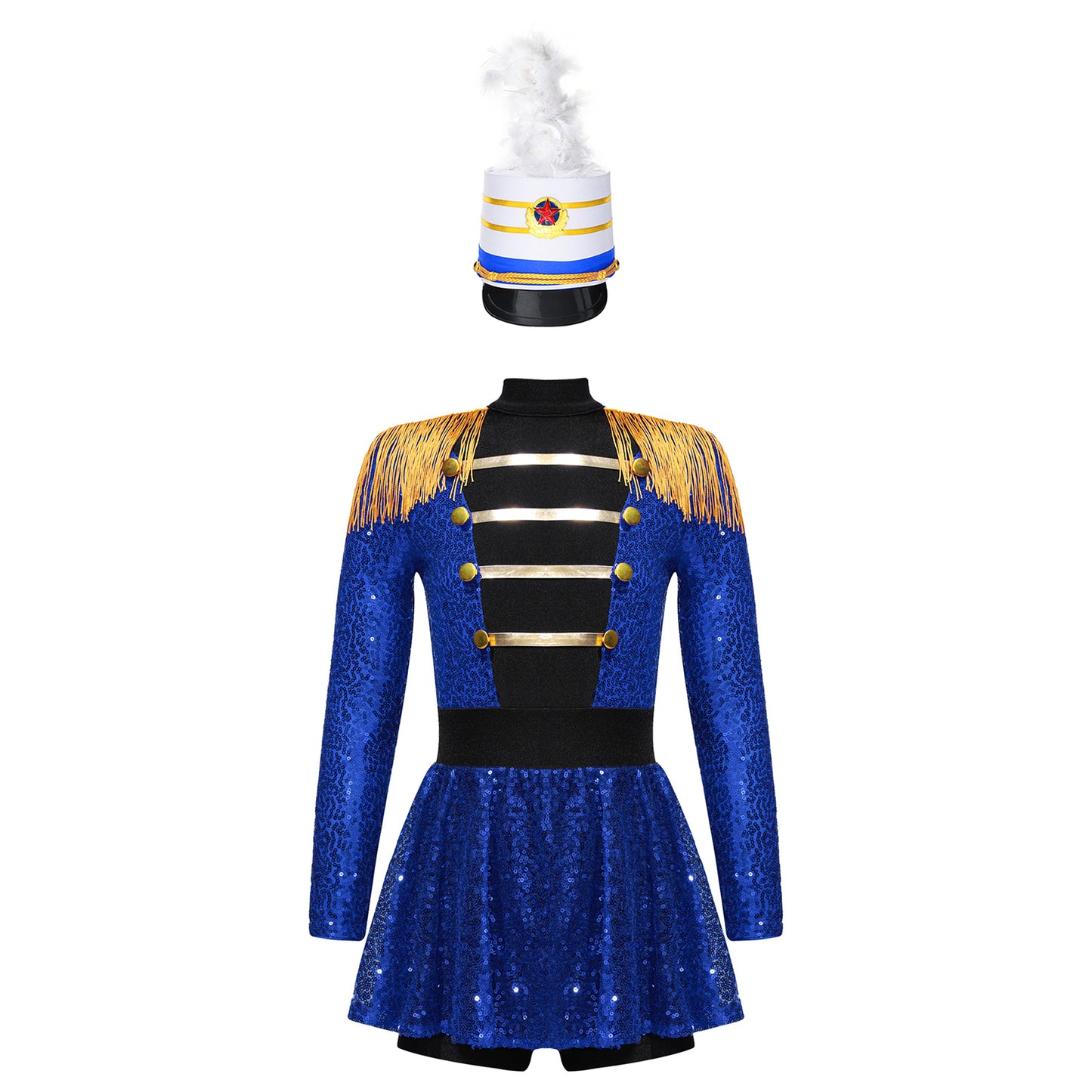 Girls Halloween Circus Ringmaster Costume Long Sleeve Sequin Leotard Dress (Age 6-14YRS)