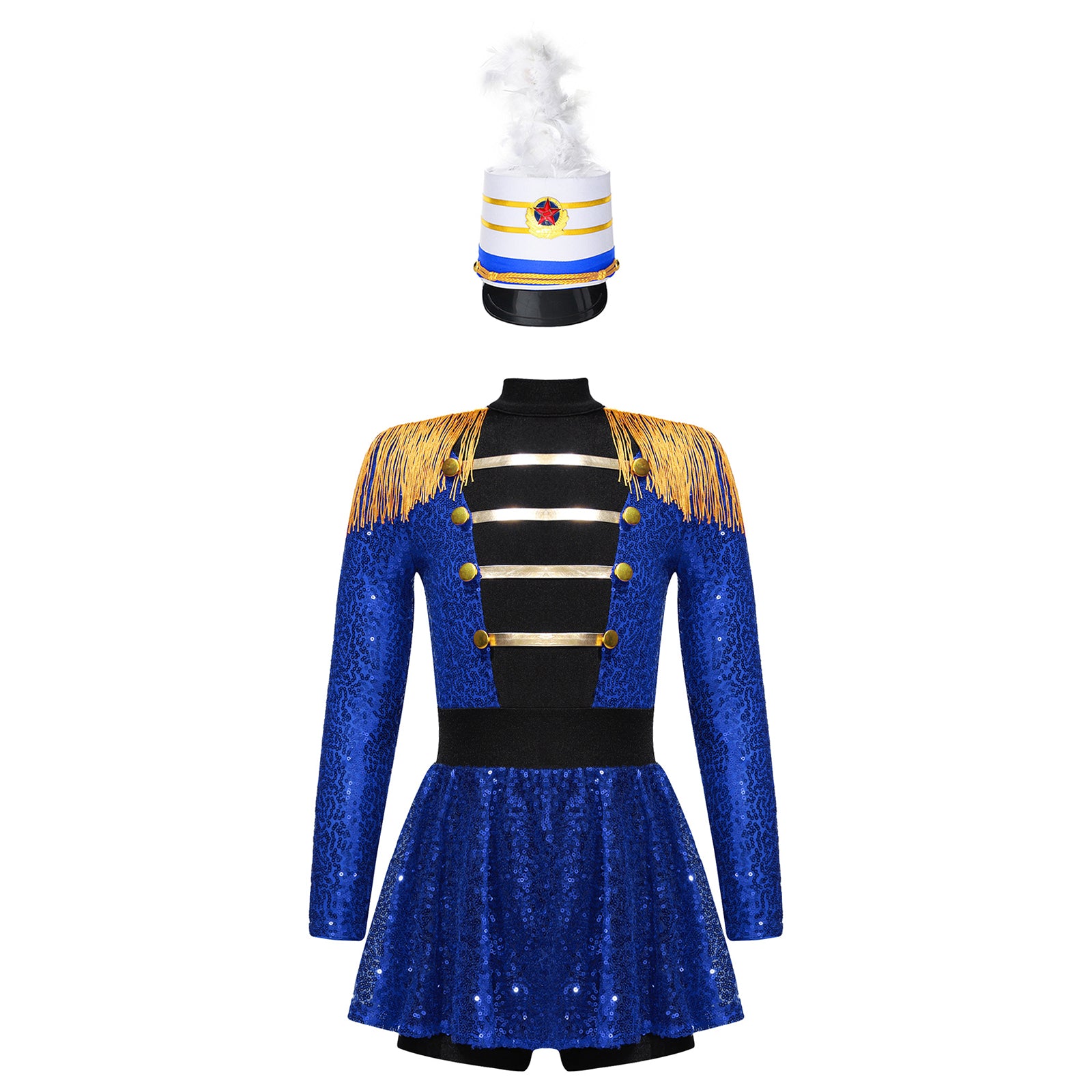 Girls Halloween Circus Ringmaster Costume Long Sleeve Sequin Leotard Dress (Age 6-14YRS)