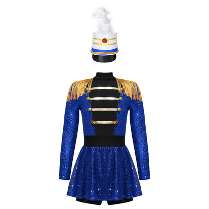 Girls Halloween Circus Ringmaster Costume Long Sleeve Sequin Leotard Dress (Age 6-14YRS)