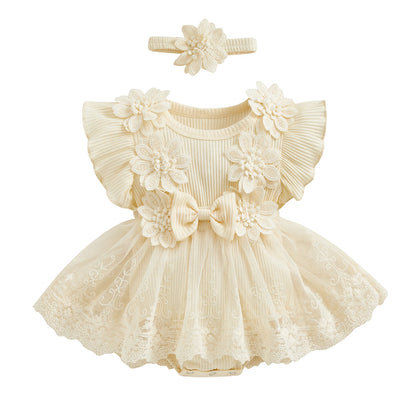 Baby Girls Floral Romper Dress (Age 3M-18M) Beige