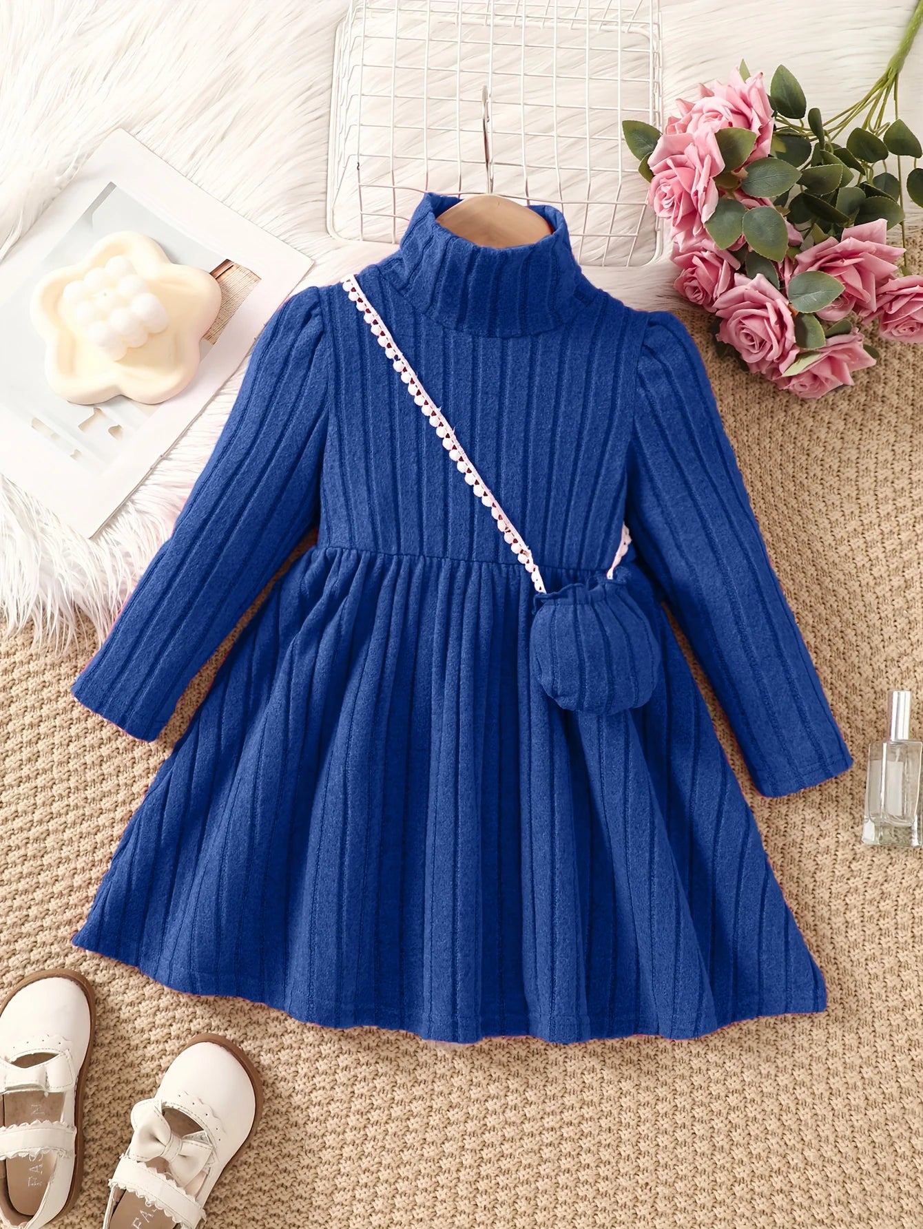 Girls Long Sleeve Pleated Dress & Handbag (Age 4-7 YRS) Blue