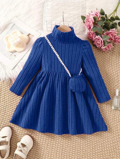 Girls Long Sleeve Pleated Dress & Handbag (Age 4-7 YRS) Blue