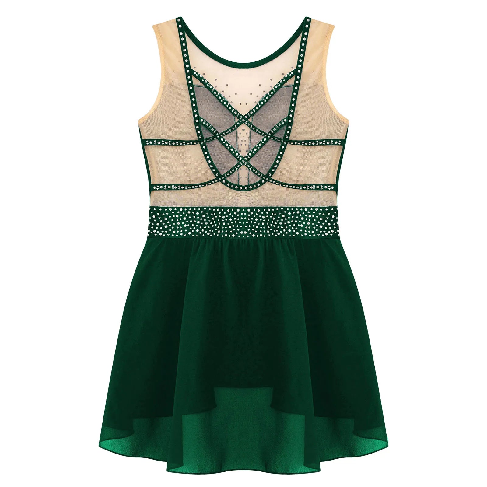 Rhinestone Gymnastics Figure Skating Dress for Teen Girls Sleeveless Sheer Mesh Tutu Ballet Leotard Lyrical Performance Costume