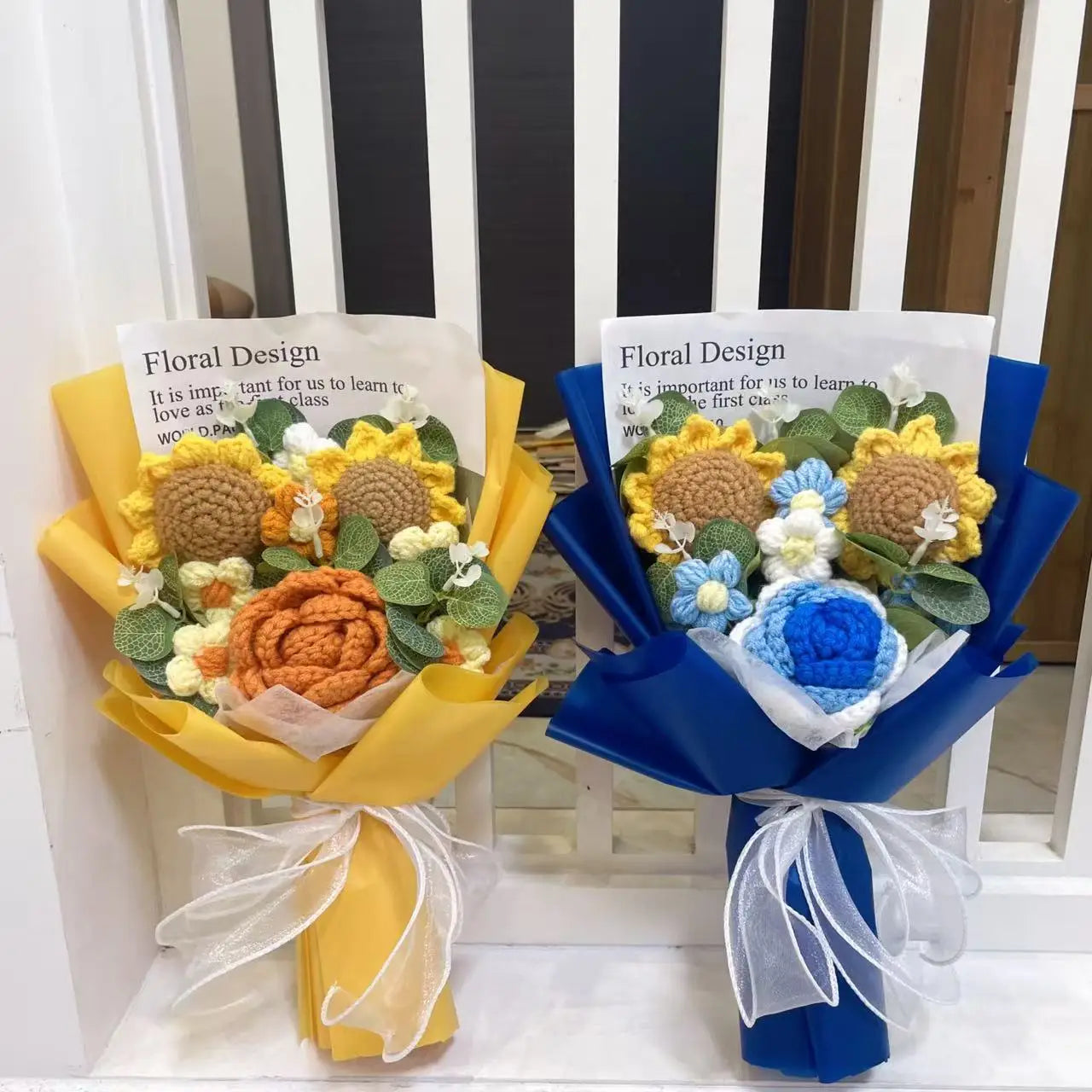 Plush Knitted Sunflowers Roses Crochet Flowers Gift Bouquet