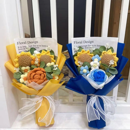 Plush Knitted Sunflowers Roses Crochet Flowers Gift Bouquet