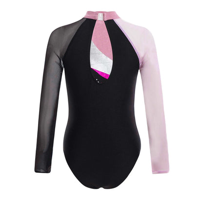 Girls Ballet Dance Leotard Gymnastics Rhinestones Sheer Mesh Long Sleeve (Age 4-16 YRS)