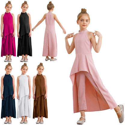 Girls Elegant Sleeveless High-Low Skirted Jumpsuit (Age 6-16YRS)