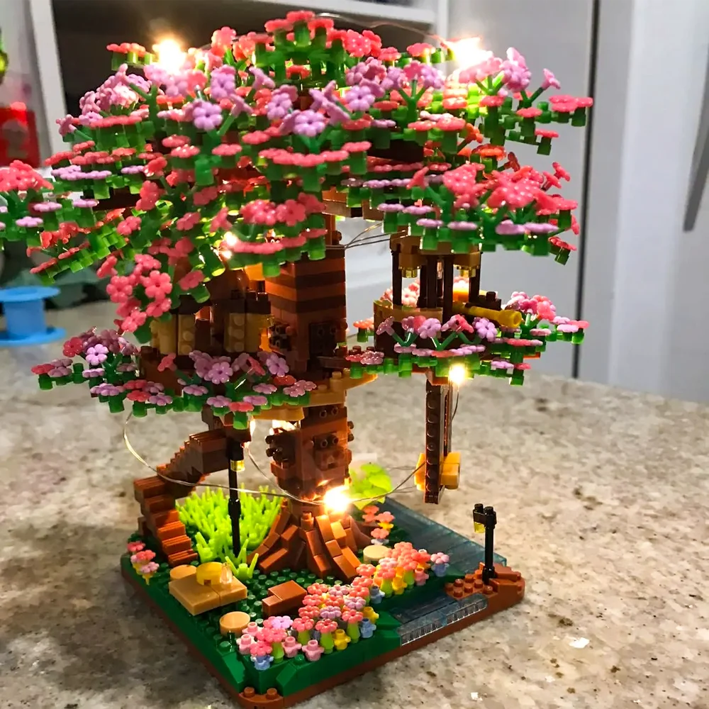 Mini Sakura Tree Building Blocks Set DIY Cherry Blossom Bricks with Light Treehouse