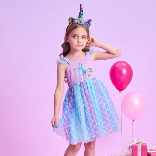 Girls Mermaid Print Dress (Age 3-12YRS) Purple