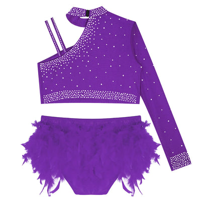 Girls Gymnastics Dance Performance Costume Rhinestone Crop Top With Feather Shorts Set (Age 6-16YRS)
