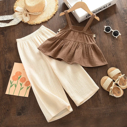 Girls Brown Retro Printed Plaid Camisole Top & Beige Trousers (Age 3-7YRS)