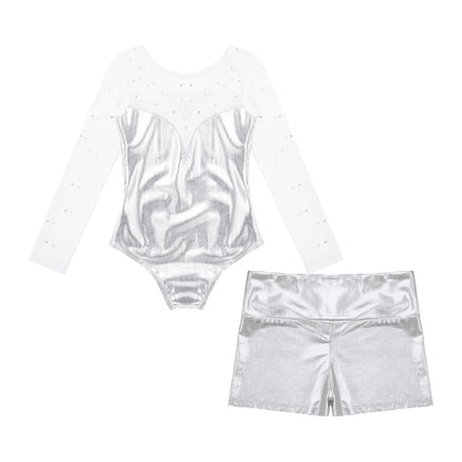 Girls Sparkly Rhinestone Ballet Dance Gymnastics Leotard & Shorts (Age 4-12 YRS)