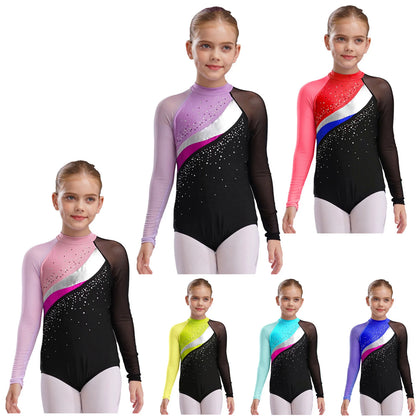 Girls Ballet Dance Leotard Gymnastics Rhinestones Sheer Mesh Long Sleeve (Age 4-16 YRS)