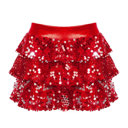 Girls Tiered Ruffle Dance Metallic Shiny Shorts (Age 4-16 YEARS) Red