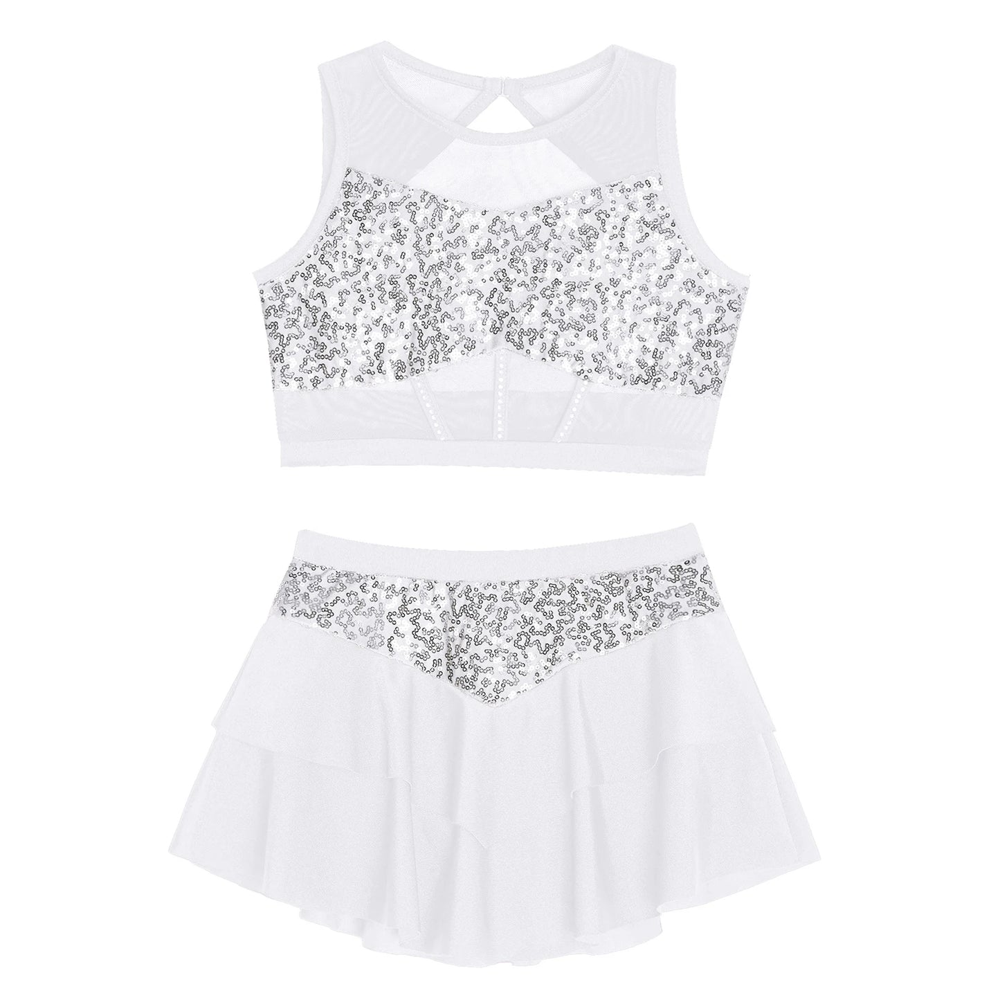 Girls Sequin Sheer Mesh Crop Top & Tiered Skirt Set (Age 6-16YRS)