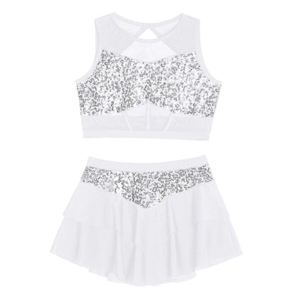 Girls Sequin Sheer Mesh Crop Top & Tiered Skirt Set (Age 6-16YRS)