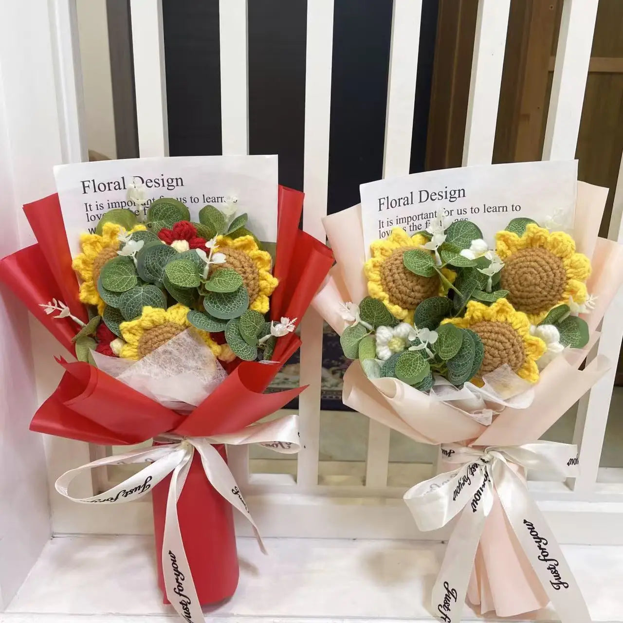 Plush Knitted Sunflowers Roses Crochet Flowers Gift Bouquet