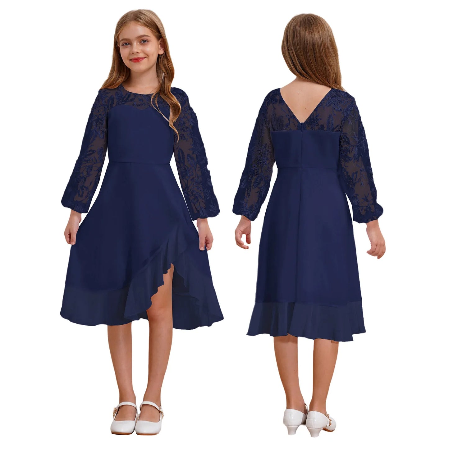 Girls Chiffon Long Sleeve High Waist Mesh Embroidery Dress (Age 8-16 YRS) Navy Blue