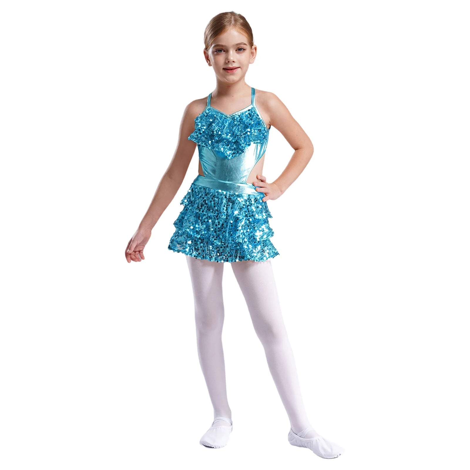 Girls Sequin Dance Sleeveless Cutout Tiered Ruffle Metallic Leotard Dress (Age 6-16 YRS)
