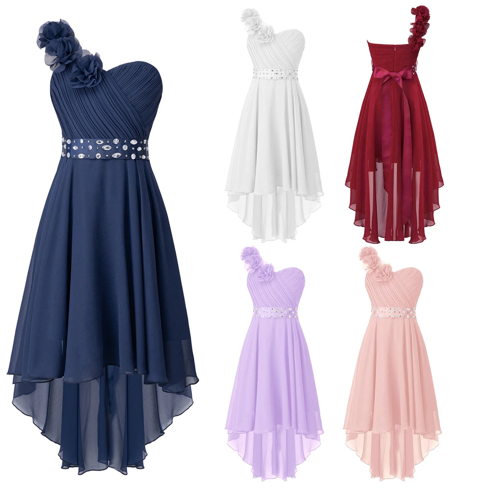 Girls One Shoulder Asymmetrical Hem Dress (Age 6-16 YRS)