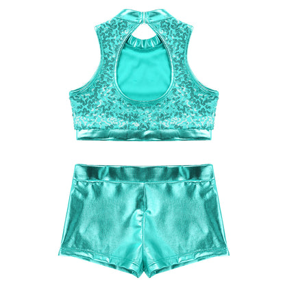 Girls Dance Costume Sequin Crop Top & Shorts Set (Age 6-12 YRS)