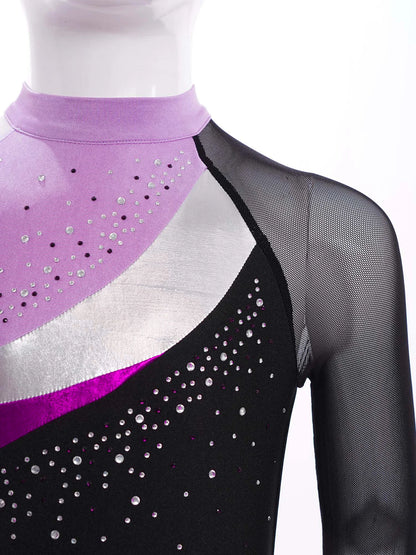 Girls Ballet Dance Leotard Gymnastics Rhinestones Sheer Mesh Long Sleeve (Age 4-16 YRS)