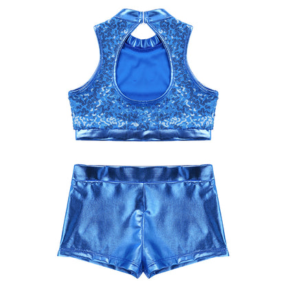 Girls Dance Costume Sequin Crop Top & Shorts Set (Age 6-12 YRS)