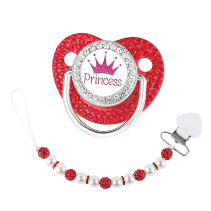 Luxury ‘Princess’ Rhinestone Crown Pacifier Dummy Clip Red Beads
