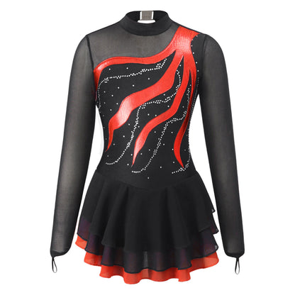 Girls Rhinestone Figure Skating Leotard Dress (Age 6-16 YRS) Red