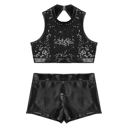 Girls Dance Costume Sequin Crop Top & Shorts Set (Age 6-12 YRS)
