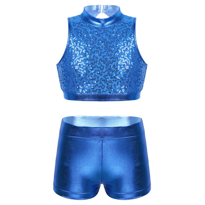 Girls Dance Costume Sequin Crop Top & Shorts Set (Age 6-12 YRS)