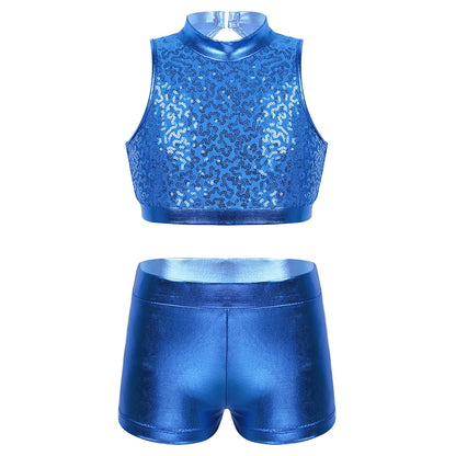 Girls Dance Costume Sequin Crop Top & Shorts Set (Age 6-12 YRS)