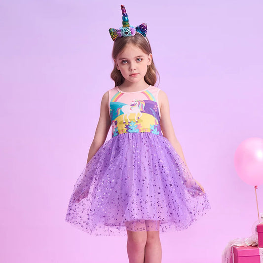 Girls Purple Unicorn Mesh Dress (Age 3-12YRS) Purple