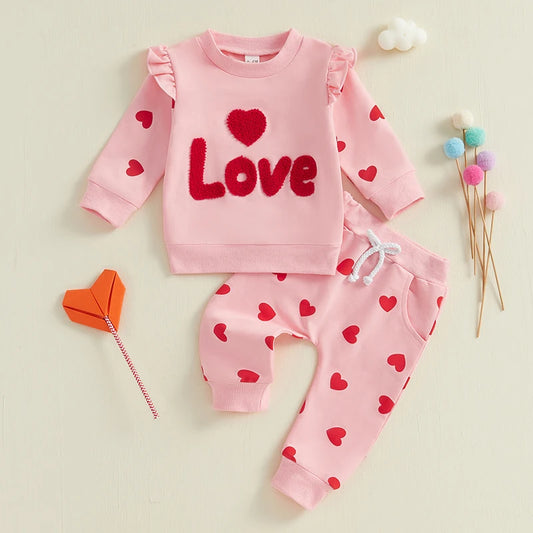 Baby Girls Pink Long Sleeve Embroidered ‘Love’ Hoodie & Heart Sweatpants (Age 6M-3YRS)
