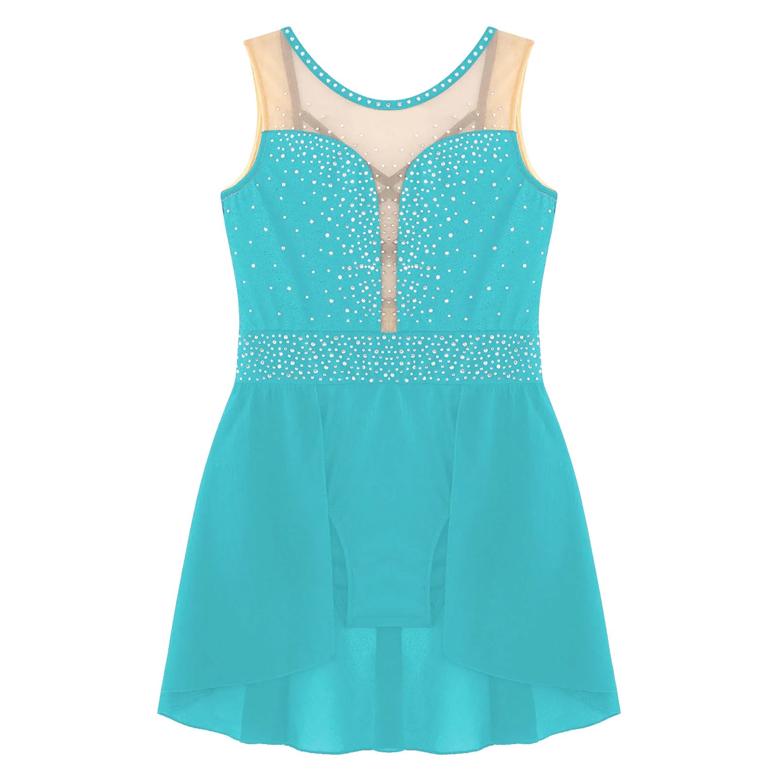 Rhinestone Gymnastics Figure Skating Dress for Teen Girls Sleeveless Sheer Mesh Tutu Ballet Leotard Lyrical Performance Costume