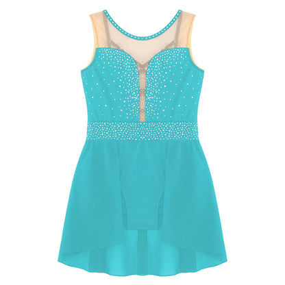 Rhinestone Gymnastics Figure Skating Dress for Teen Girls Sleeveless Sheer Mesh Tutu Ballet Leotard Lyrical Performance Costume