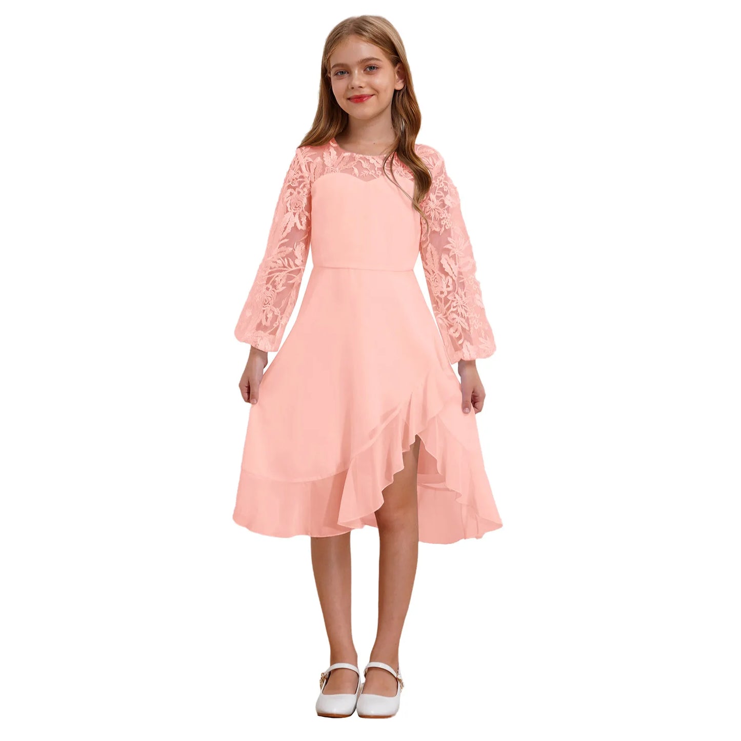 Girls Chiffon Long Sleeve High Waist Mesh Embroidery Dress (Age 8-16 YRS)