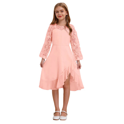Girls Chiffon Long Sleeve High Waist Mesh Embroidery Dress (Age 8-16 YRS)