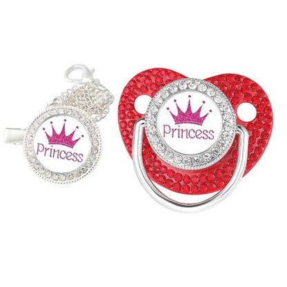 Luxury ‘Princess’ Rhinestone Crown Pacifier Dummy Clip Red Silver