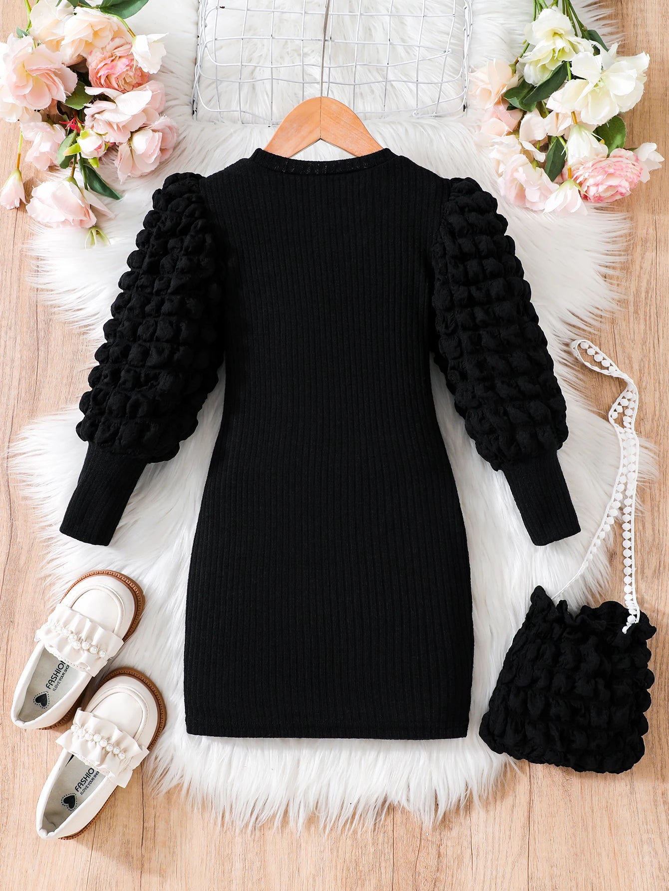Girls' Long-Sleeve Puff Sleeve Dress & Bag Set (Age 4-7 YRS)